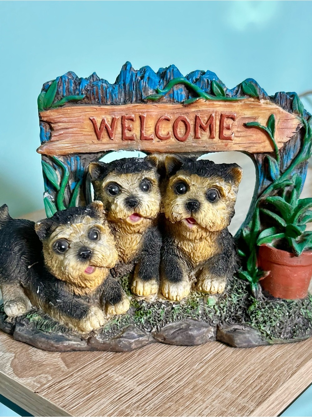 Adorable Three Yorkshire Terriers Under a 'WELCOME' Sign With Plant